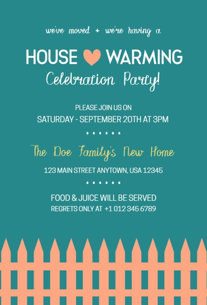 Teal housewarming celebration party invitation template with bold design.