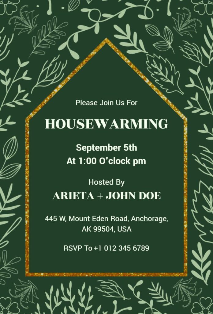 Elegant green and gold frame housewarming invitation template.