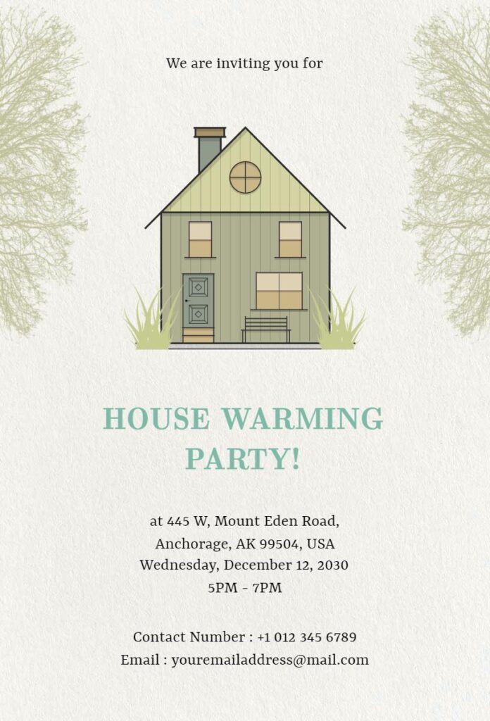 Minimalist green housewarming party invitation template with leaf design