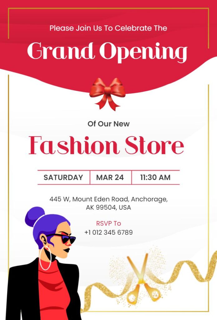 Stylish red and white fashion store grand opening invitation template with model illustration.