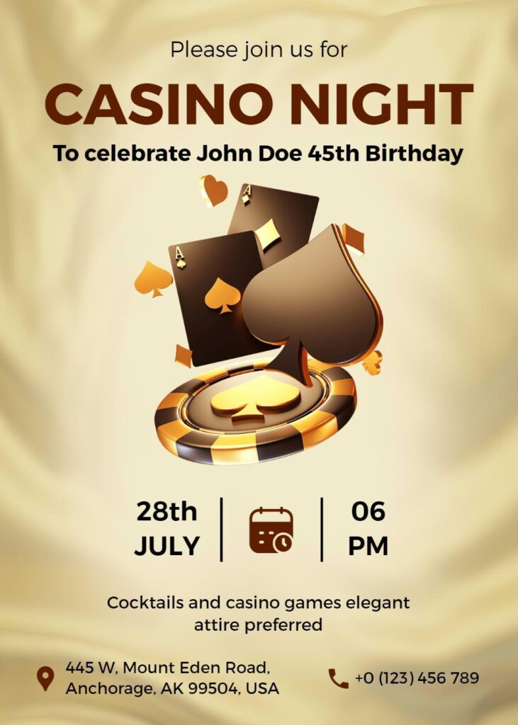 Gold and brown casino-themed Game Night invitation with poker symbols and event details