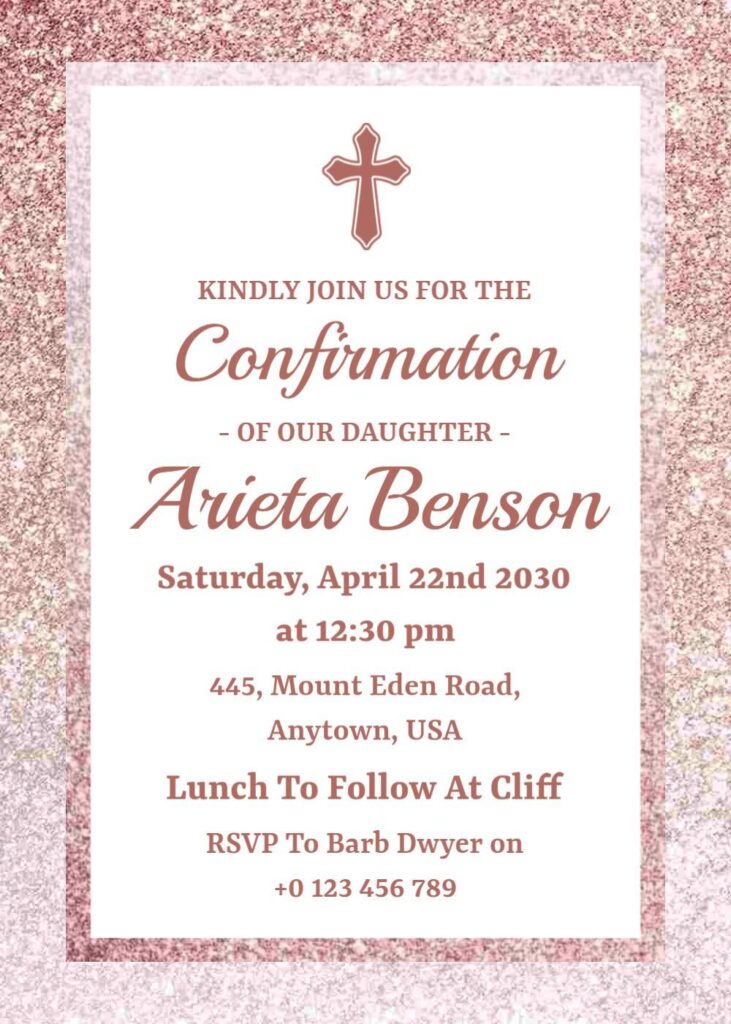 Island Spice and Lola Confirmation invitation template with pink and lavender floral theme