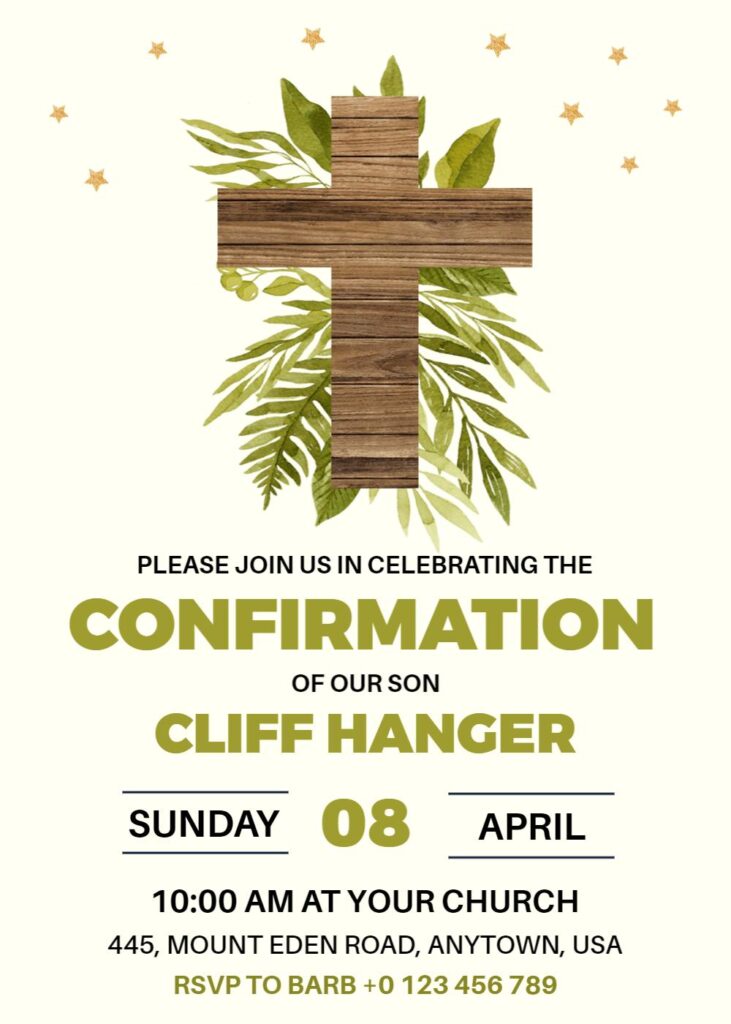 An ivory-colored Confirmation invitation with classic fonts and a clean, elegant layout
