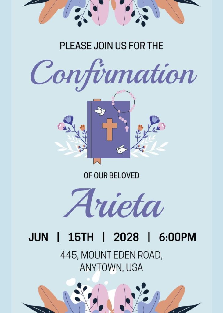 A blue and white confirmation invitation with geometric accents and elegant typography, featuring a clean and modern design