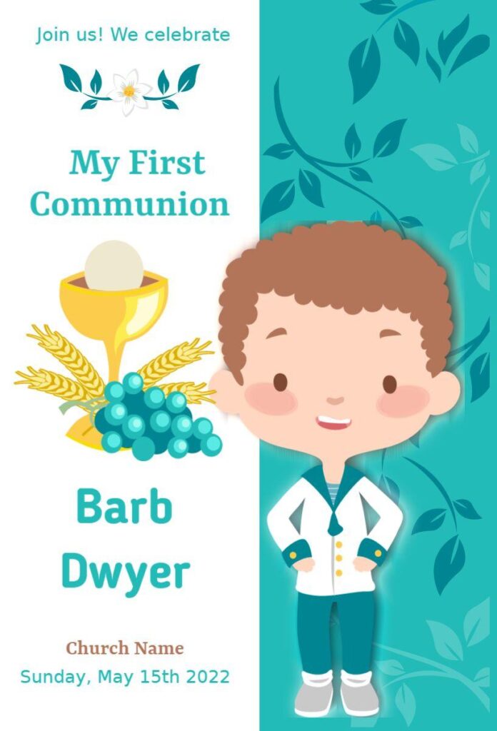 Rustic brown First Communion invitation template with simple, elegant layout.