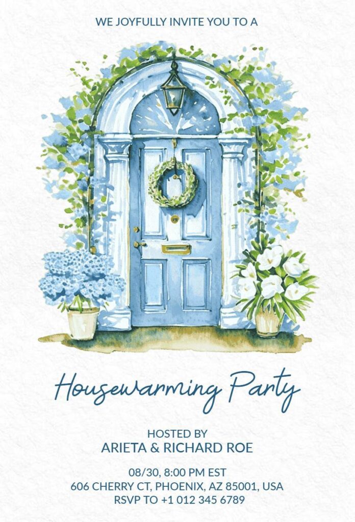 Blue watercolor doorway housewarming invitation template