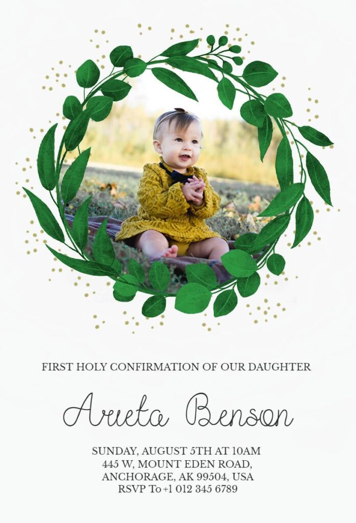 Green leaf wreath First Holy Confirmation invitation template with modern text layout