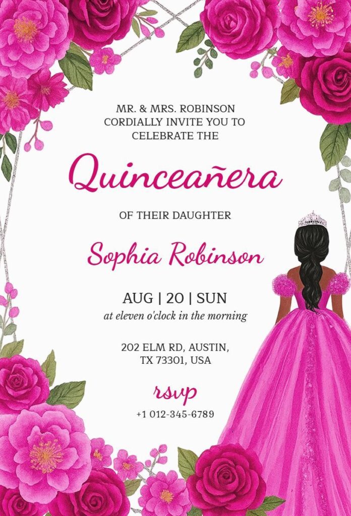 Pink floral Quinceañera invitation  template with a girl in a magenta ball gown surrounded by roses.