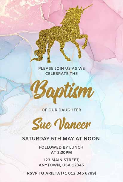 Magical Unicorn Baptism Invitation In Pastel Colors With Elegant Gold Accents