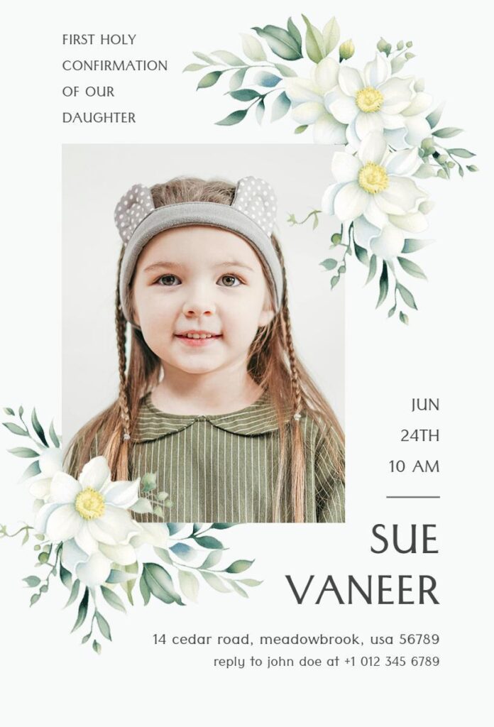 Magnolia floral First Holy Confirmation invitation template with white flowers and soft greenery