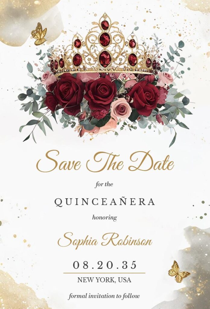 Golden crown and red roses Quinceañera invitation  template  save the date invitation.