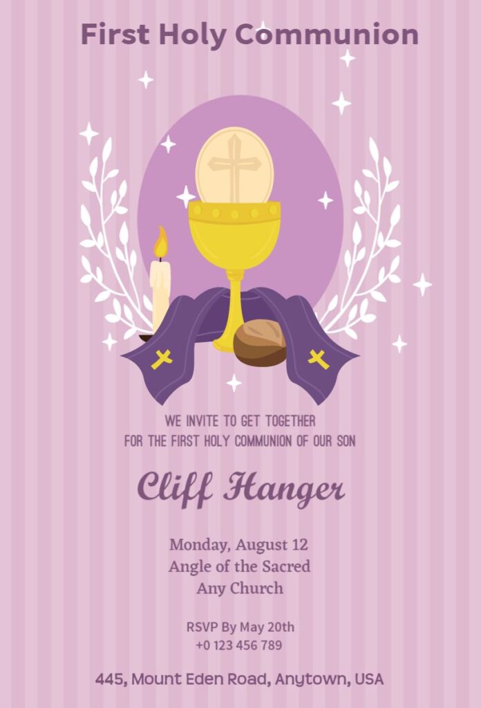 Pastel pink floral First Communion invitation template with watercolor flower decorations.