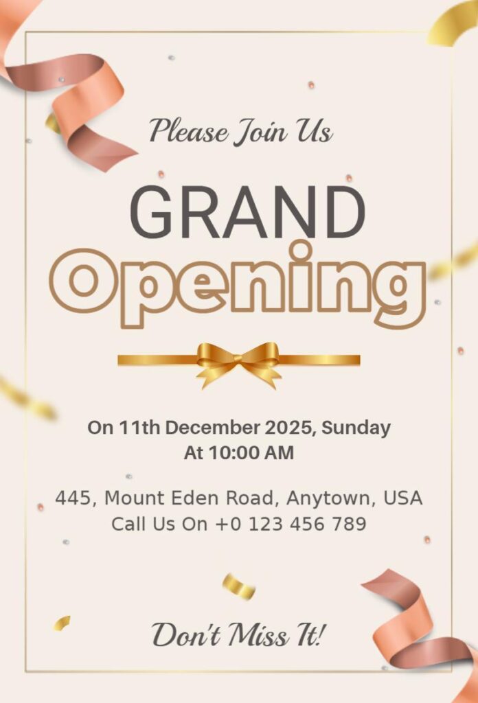 gold ribbon grand opening invitation template with soft beige background and golden bow