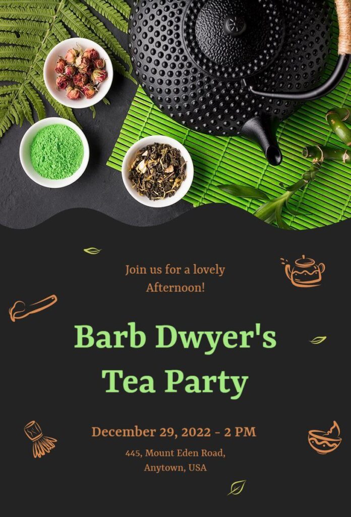 Dark tea party invitation with black teapot and green leaves on elegant background