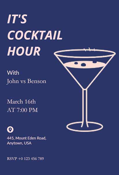 Minimal Navy Blue Cocktail Happy Hour Invitation With Clean Typography, Sleek Layout, And Modern Elegance