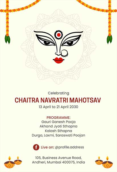 Minimalist Chaitra Navratri Mahotsav Invitation Featuring Subtle Floral Elements, Clean Typography, and a Light Beige Background