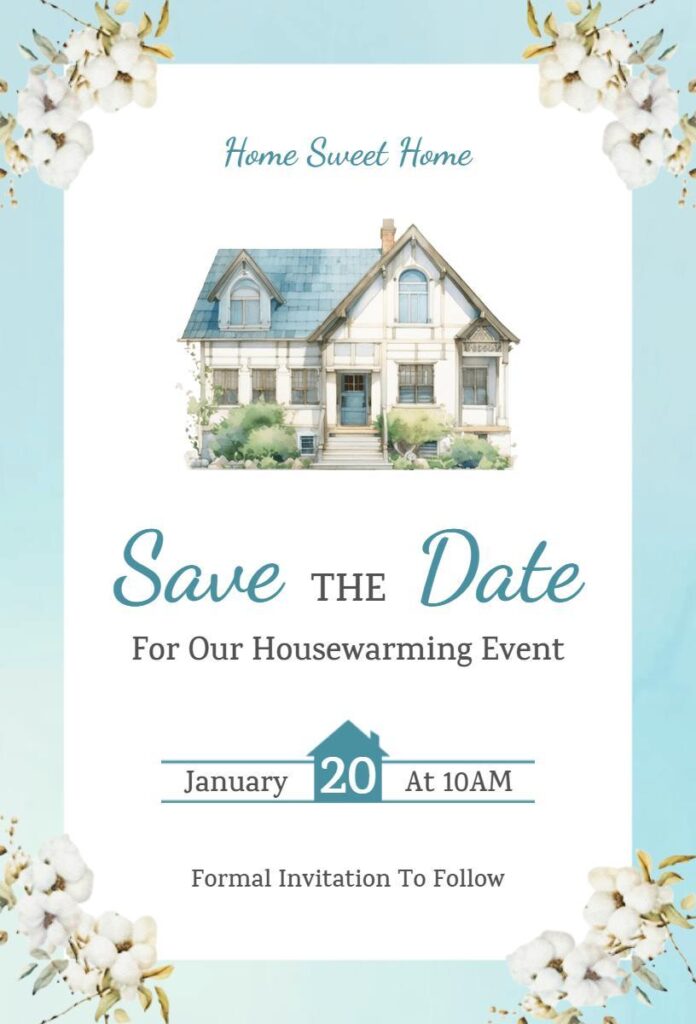 Minimalist blue housewarming save the date invitation template.