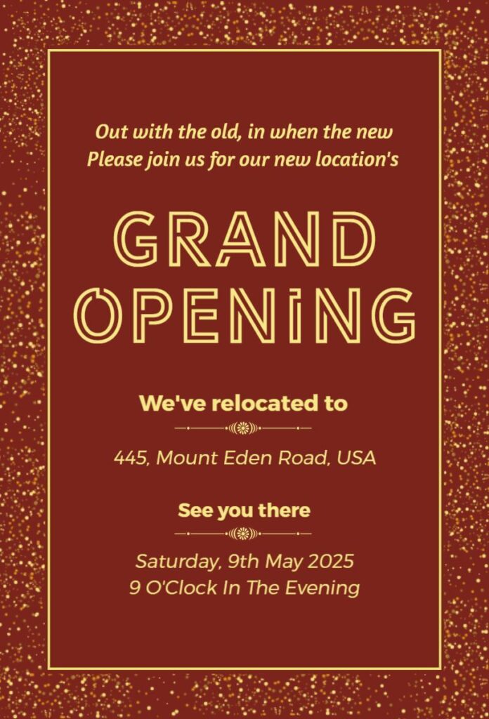 Red and gold Grand Opening invitation template with confetti border.
