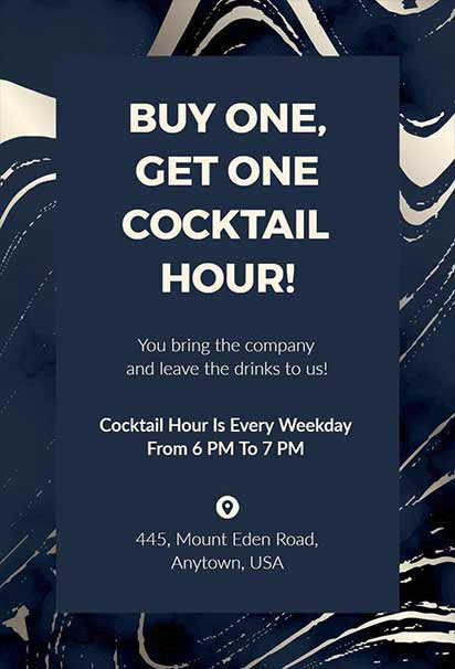 Modern Navy Blue Cocktail Happy Hour Invitation With Sleek Typography, Minimalist Design, And Refined Elegance