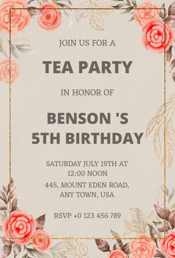 Floral tea party invitation with pink and beige tones and rose decorations