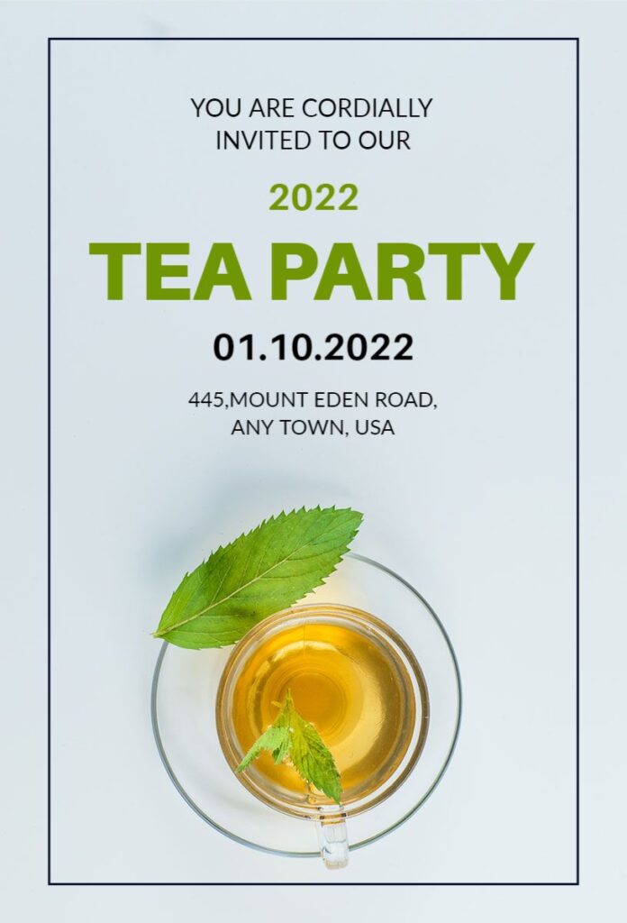 Elegant beige tea party invitation with minimalist cup and leaf design