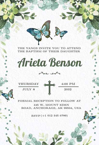 Nature-Inspired Butterfly Baptism Invitation With Green And Blue Tones And Delicate Floral Accents