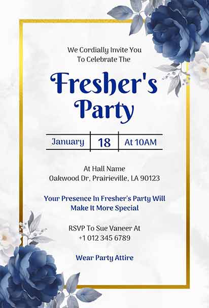 Navy Blue And Gold Freshers Welcome Party Floral Invitation With Elegant Blooms, Metallic Accents, And Sophisticated Style