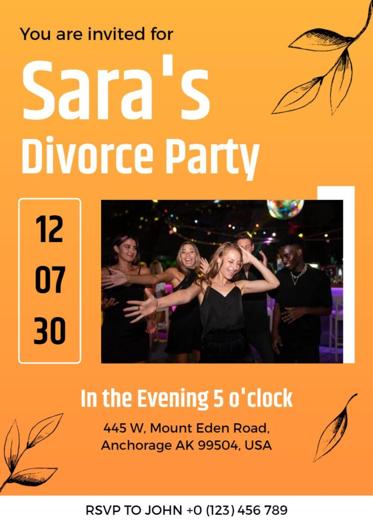 Neon Carrot and White Divorce Party Invitation Template with bold orange and modern geometric style.