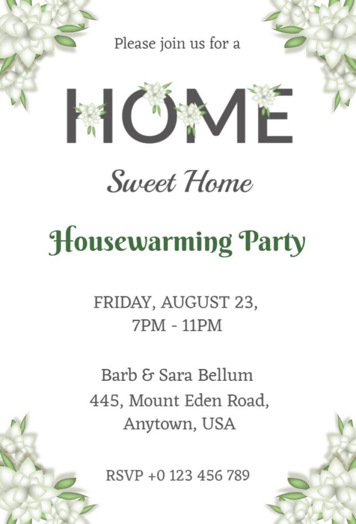 Home Sweet Home Housewarming invitation template with green floral accents on a white background.