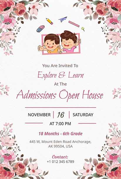 Open School Admissions Floral Invitation With Bright Blooms, Cheerful Colors, And Inviting Educational Theme