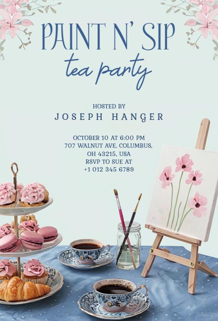 Paint and sip tea party invitation with flowers, paintbrushes, canvas, and a tea set on a pastel background