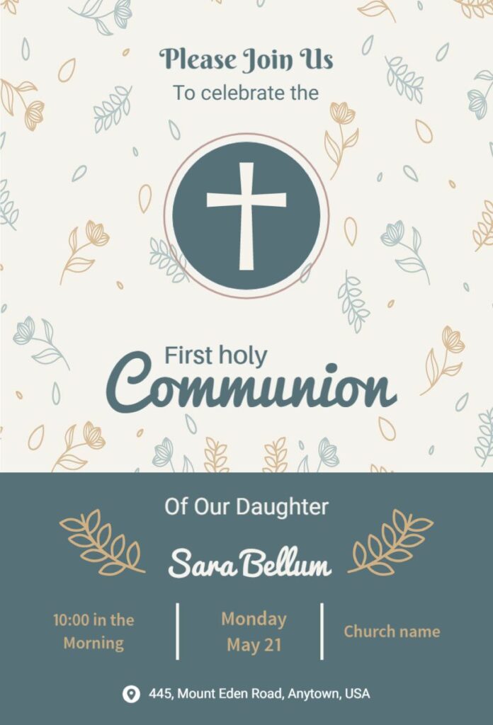 Neutral pampas-themed First Communion invitation template with minimalist design.