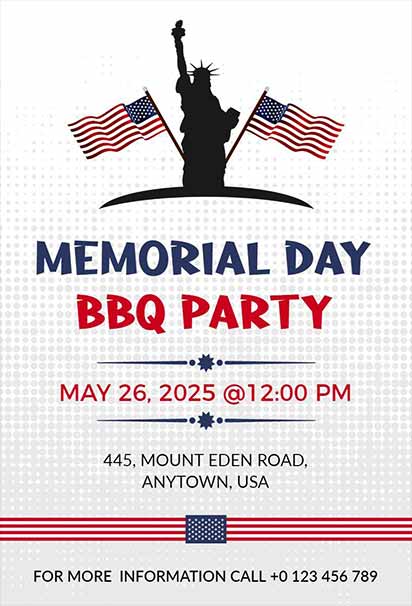 Patriotic Memorial Day BBQ Invitation with American Flag and Festive Red, White, and Blue Theme