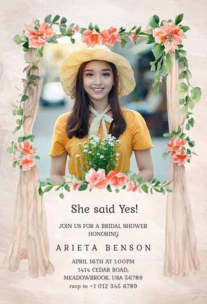 Peach Garden Bridal Shower Floral Frame Invitation With Soft Blooms, Lush Greenery, And Elegant Romantic Style