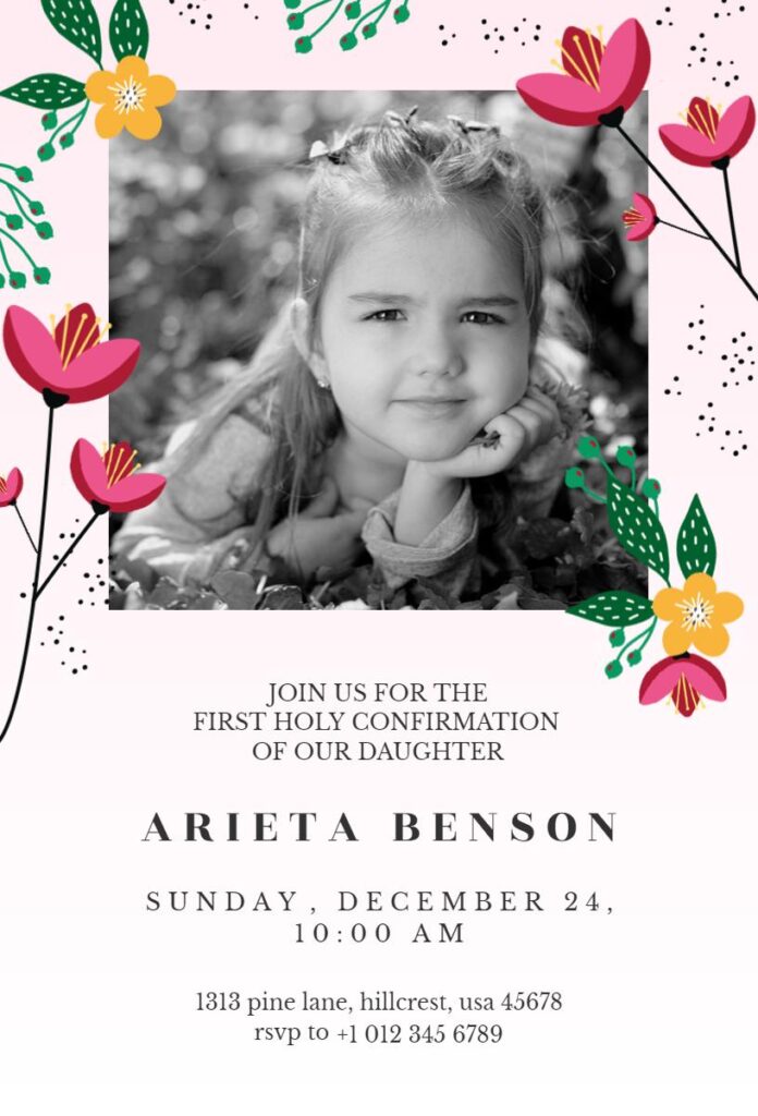 Photo frame Confirmation invitation with floral border and personalized child portrait
