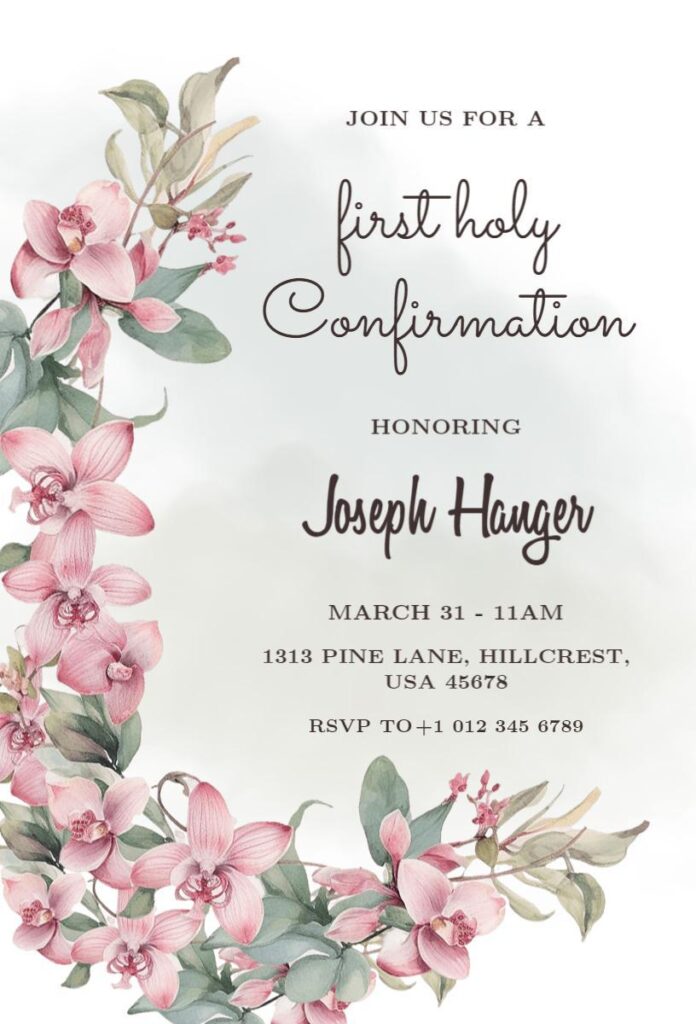 Floral Confirmation invitation template with watercolor orchid border.