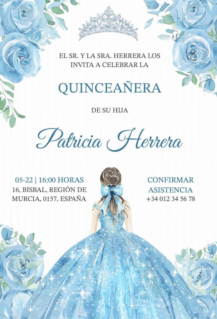 Blue floral watercolor Quinceañera invitation  template  with girl in glittery gown.