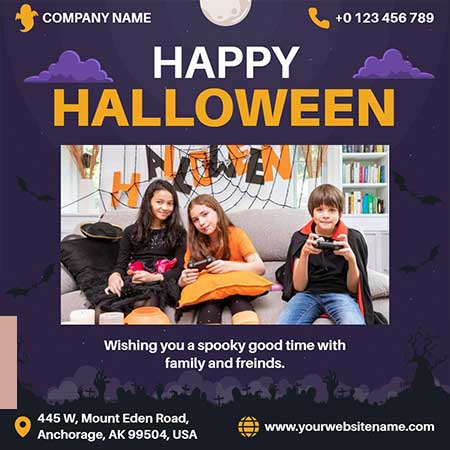 Playful Purple and Orange Halloween Fun Greeting Card with Festive Pumpkins and Ghosts