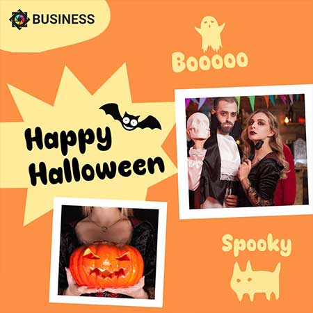 Playful Spooky Halloween Vibes Greeting Card with Cute Ghosts and Festive Pumpkins
