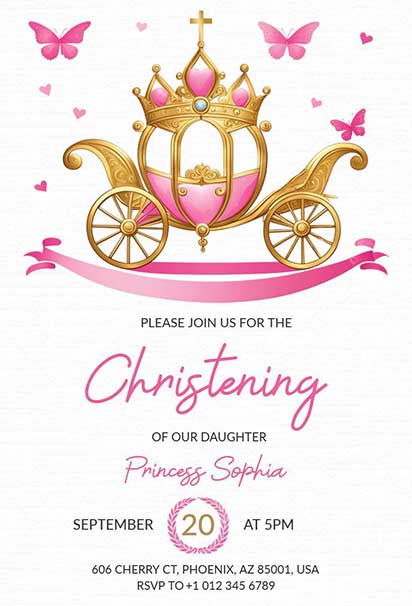 Whimsical Pink and Gold Princess Carriage Christening Invitation 