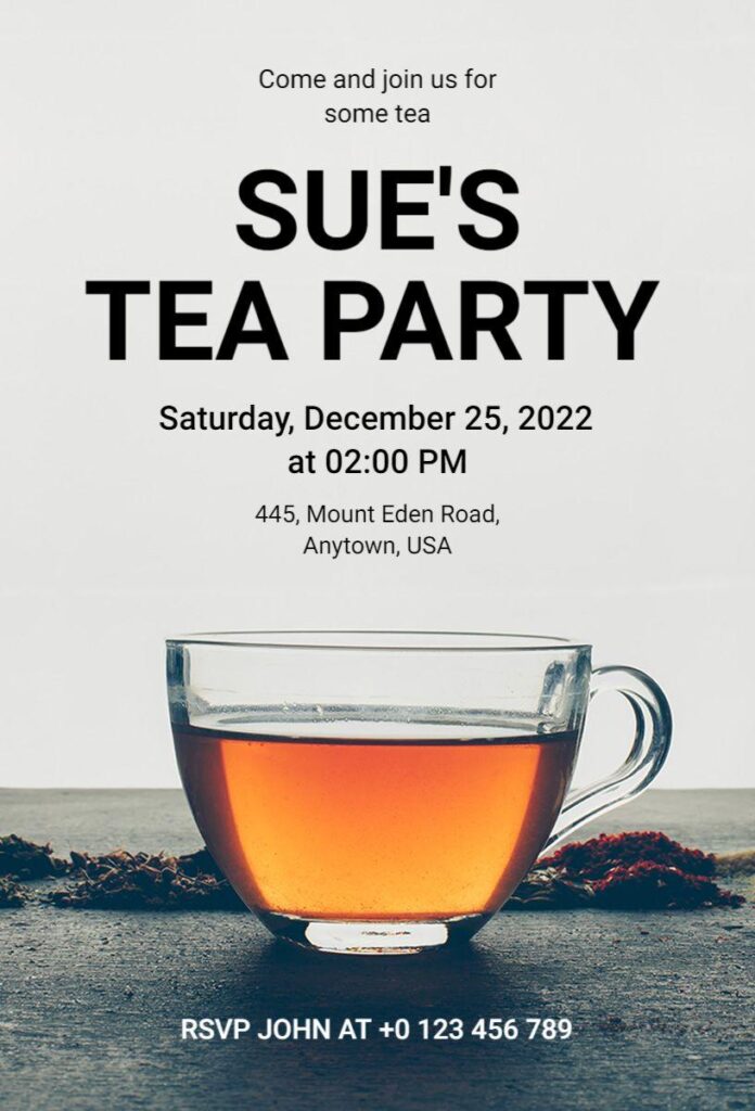 Minimalist gray tea party invitation with teacup and simple typography