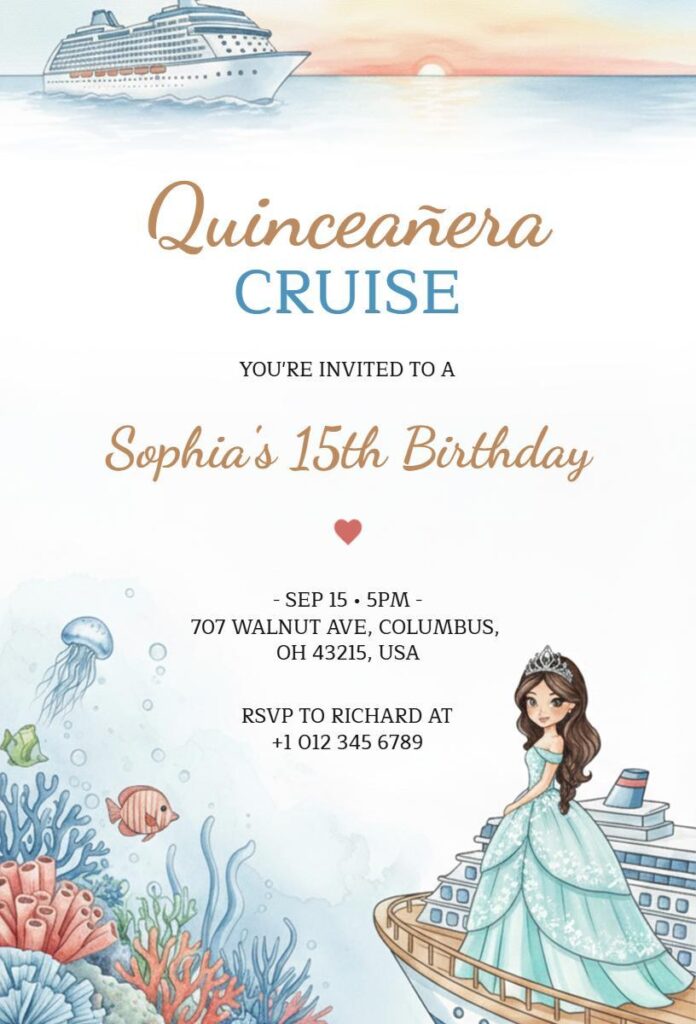 Cruise-themed Quinceañera invitation  template  design featuring a girl in a blue gown on a ship deck