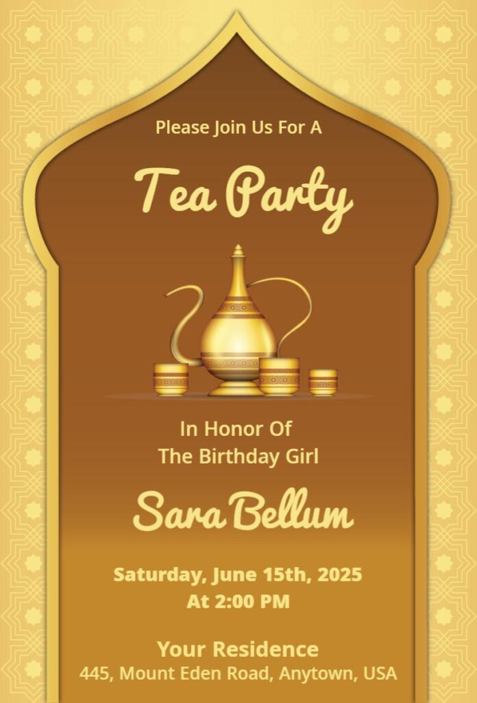 Gold tea party invitation with ornate teapot illustration and elegant design