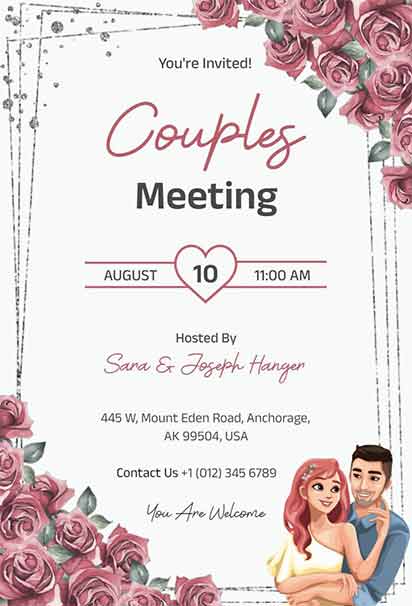 Romantic Rose Couples Meeting Floral Invitation With Red Blooms, Soft Greenery, And Elegant Love-Inspired Design