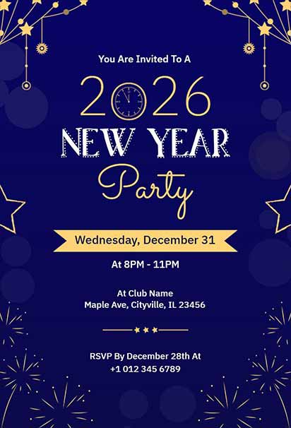 Royal Blue And Gold New Year Celebration Invitation With Elegant Festive Accents