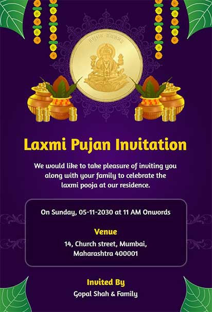 Royal Purple and Gold Diwali Laxmi Pujan Invitation Featuring Elegant Festive Details