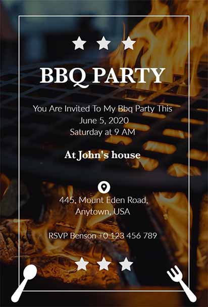 Rustic BBQ Party Invitation Featuring Grilled Food Illustrations and Warm Outdoor Cookout Theme