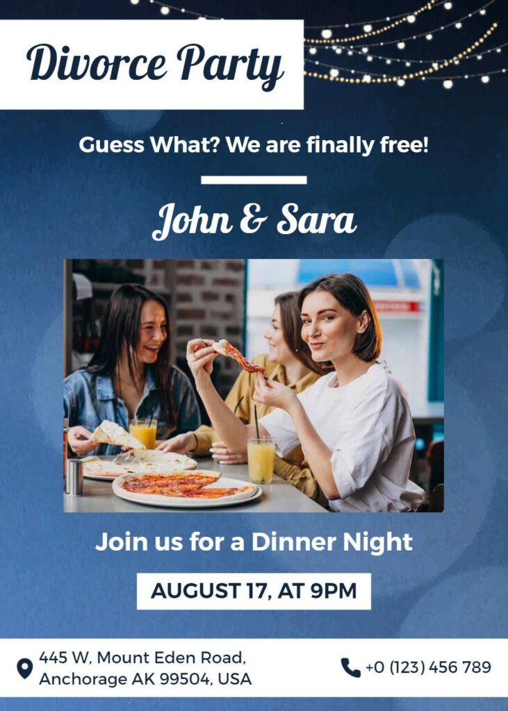 Blue Divorce party invitation template with string lights and photo section for dinner celebration