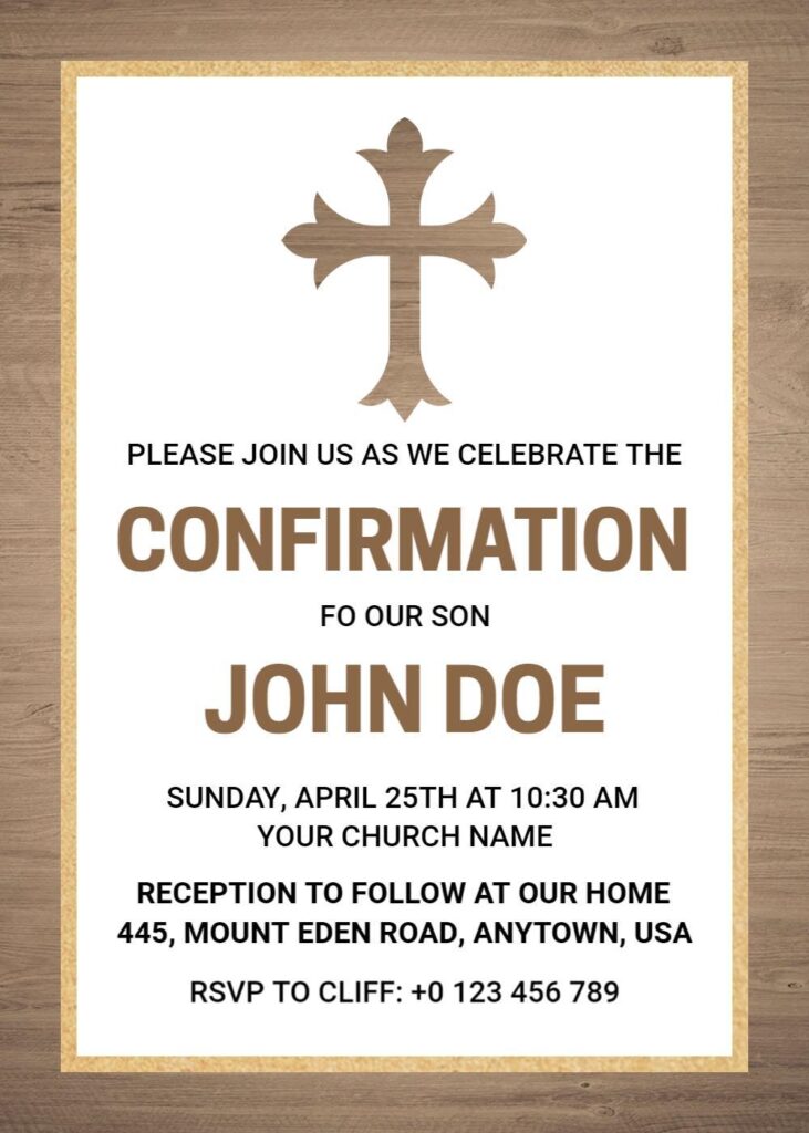 Sandrift and Tobacco Brown Confirmation invitation template with rustic earthy tones