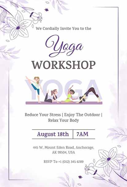 Serene Lavender Yoga Workshop Floral Invitation With Soft Purple Blooms, Calming Greenery, And Peaceful Elegant Design